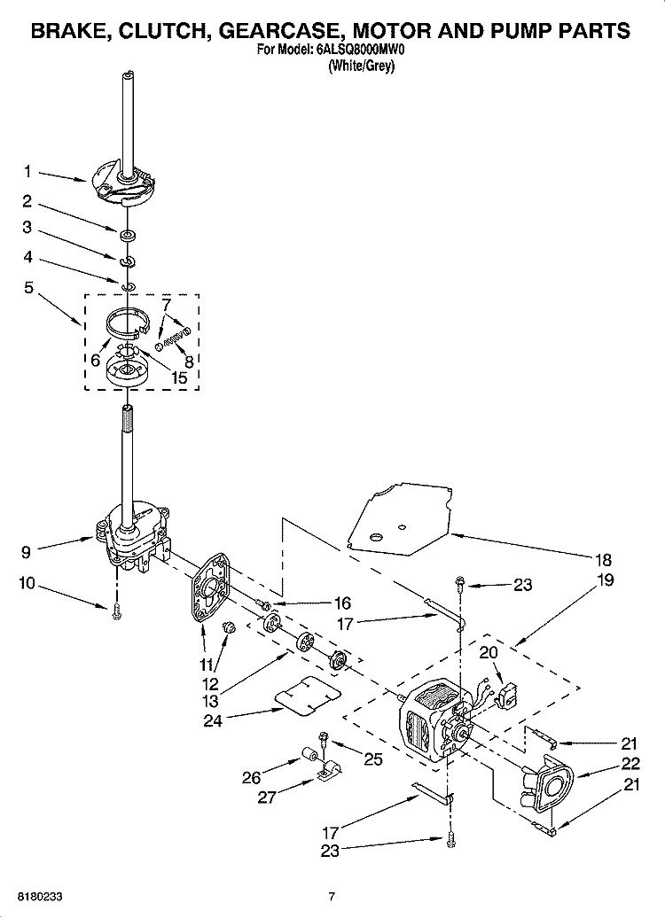 BRAKE, CLUTCH, GEARCASE, MOTOR AND PUMP PARTS Diagram and Parts List for 6ALSQ8000MW0  Whirlpool Washer