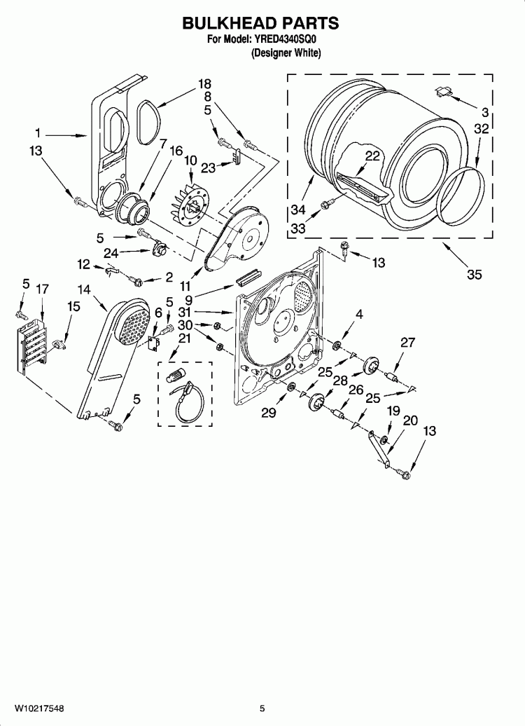 BULKHEAD PARTS, OPTIONAL PARTS (NOT INCLUDED) Diagram and Parts List for YRED4340SQ0  Roper Dryer