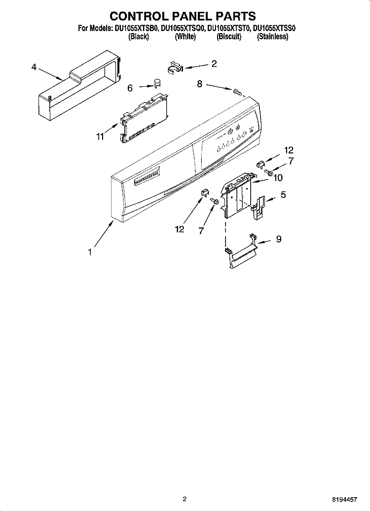 CONTROL PANEL PARTS Diagram and Parts List for DU1055XTST0  Whirlpool Dishwasher