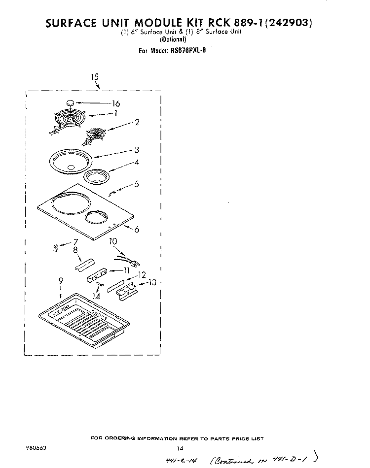 SURFACE UNIT KIT RCK 889-1 Diagram and Parts List for RS676PXL0  Whirlpool Range