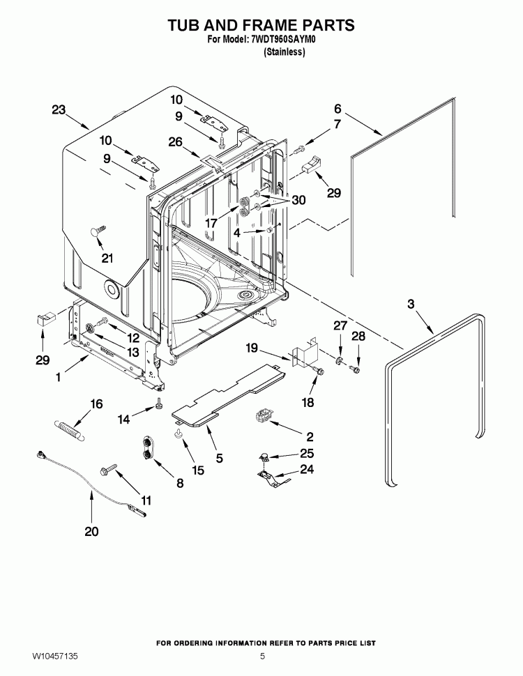 TUB AND FRAME PARTS Diagram and Parts List for 7WDT950SAYM0  Whirlpool Dishwasher