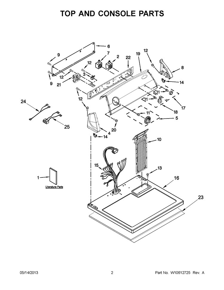 TOP AND CONSOLE PARTS Diagram and Parts List for 7MWGD1600BM1  Whirlpool Dryer