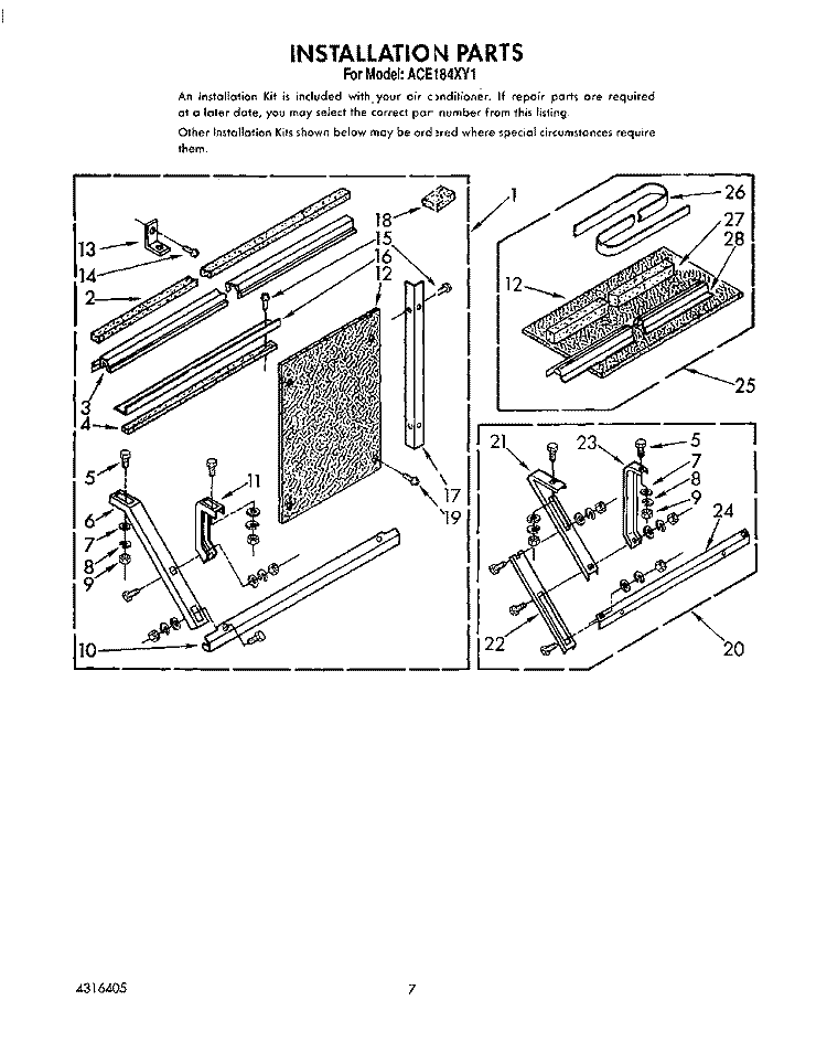 INSTALLATION Diagram and Parts List for ACE184XY1  Whirlpool Air Conditioner