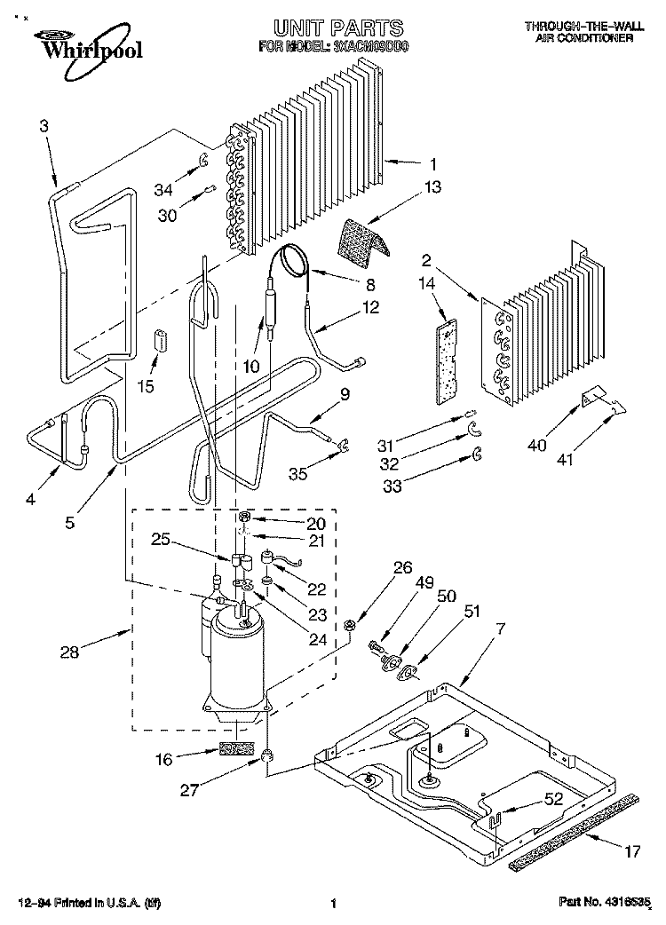UNIT, LITERATURE Diagram and Parts List for 3XACM09DD0  Whirlpool Air Conditioner