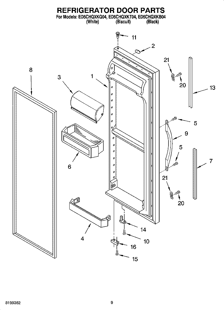 REFRIGERATOR DOOR PARTS Diagram and Parts List for ED5CHQXKB04  Whirlpool Refrigerator