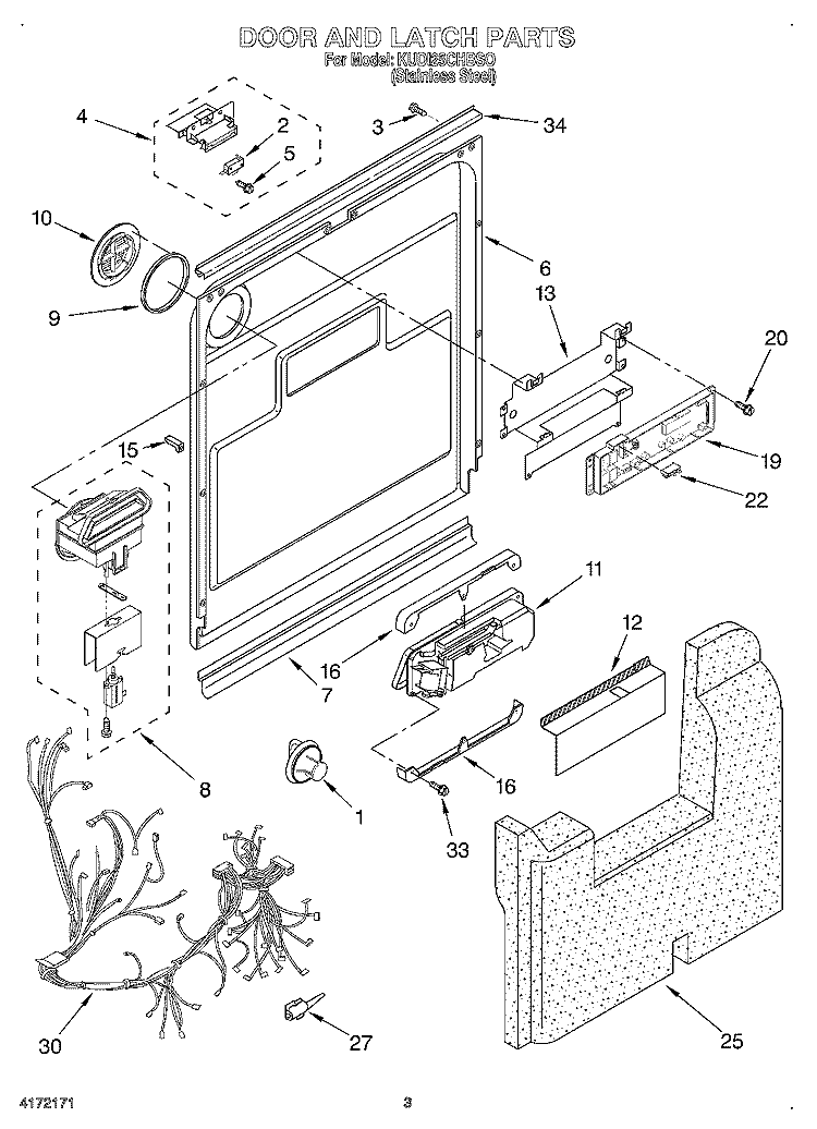 DOOR AND LATCH Diagram and Parts List for KUDI25CHBS0  KitchenAid Dishwasher