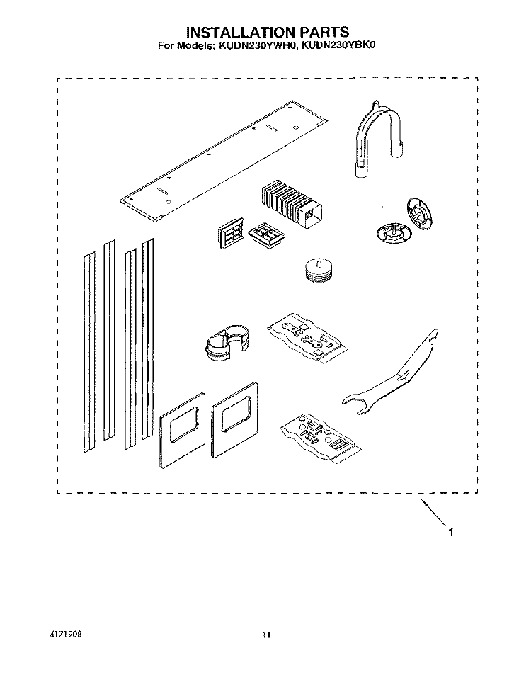 INSTALLATION Diagram and Parts List for KUDN230YWH0  KitchenAid Dishwasher