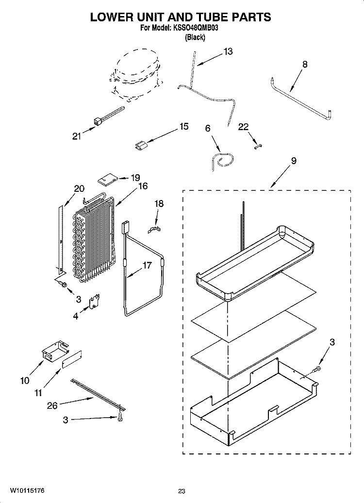 LOWER UNIT AND TUBE PARTS Diagram and Parts List for KSSO48QMB03  KitchenAid Refrigerator