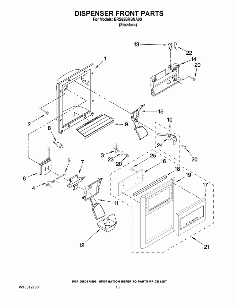 DISPENSER FRONT PARTS Diagram and Parts List for BRS62BRBNA00  Whirlpool Refrigerator
