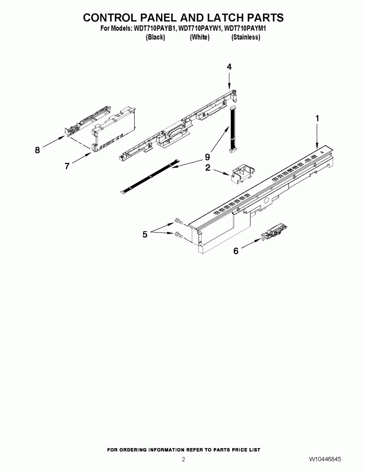 CONTROL PANEL AND LATCH PARTS Diagram and Parts List for WDT710PAYW1  Whirlpool Dishwasher