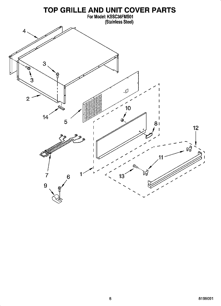 TOP GRILLE AND UNIT COVER PARTS Diagram and Parts List for KSSC36FMS01  KitchenAid Refrigerator