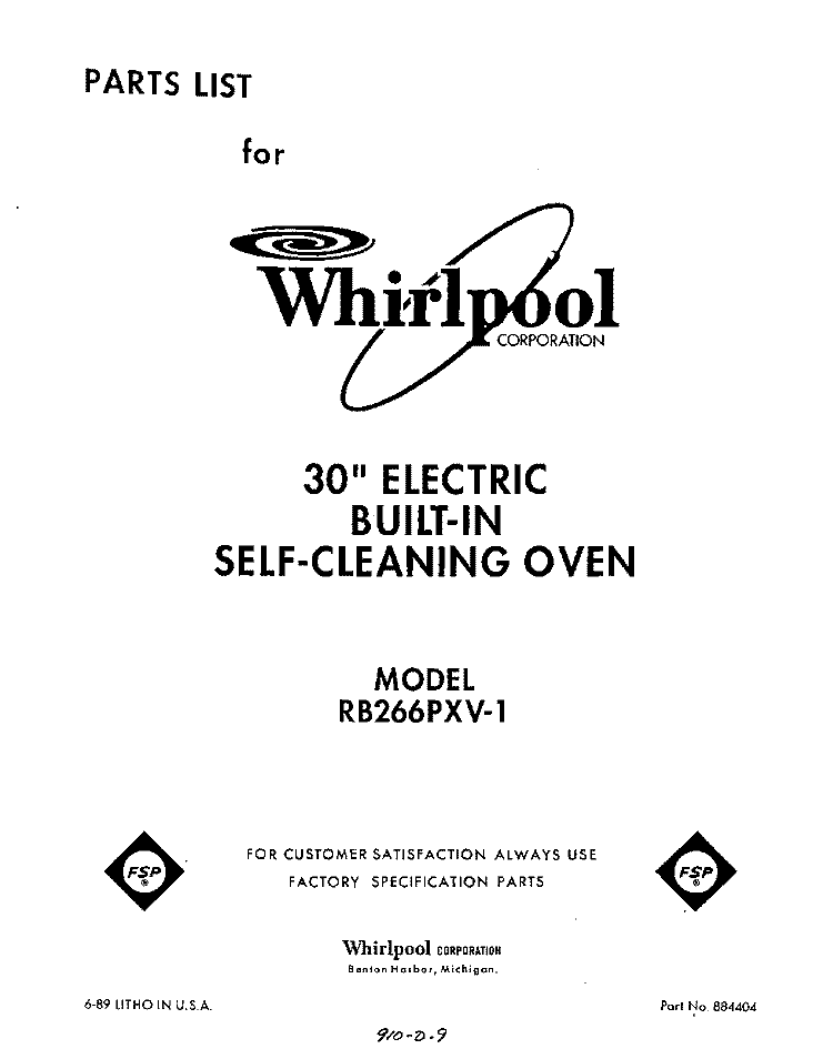 SECTION Diagram and Parts List for RB266PXV1  Whirlpool Wall Oven
