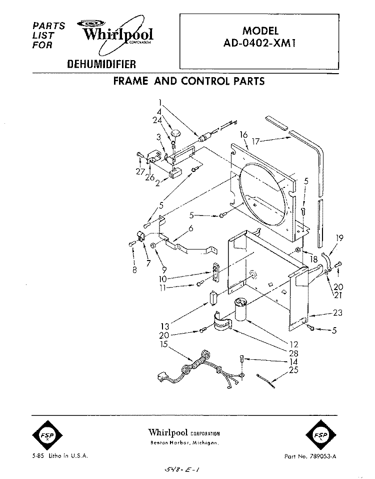 SECTION Diagram and Parts List for AD0402XM1  Whirlpool Dehumidifier