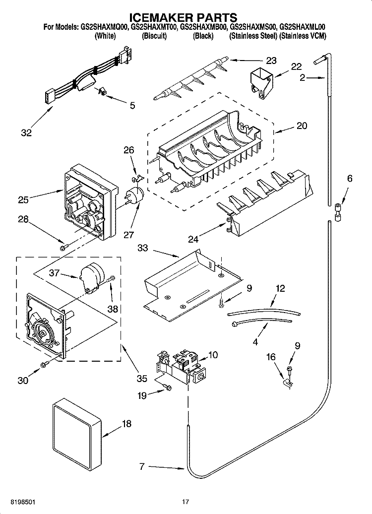 ICEMAKER PARTS Diagram and Parts List for GS2SHAXMS00  Whirlpool Refrigerator