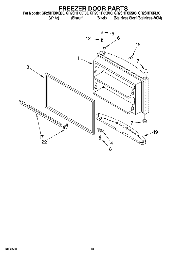 FREEZER DOOR PARTS Diagram and Parts List for GR2SHTXKL03  Whirlpool Refrigerator
