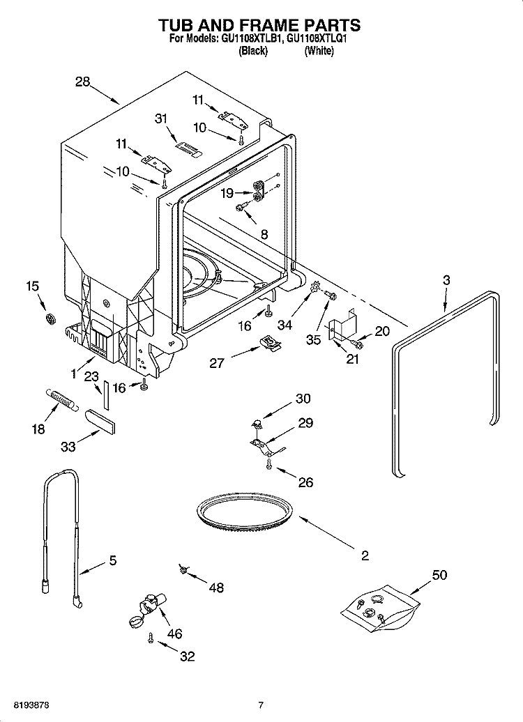 TUB AND FRAME PARTS Diagram and Parts List for GU1108XTLB1  Whirlpool Dishwasher