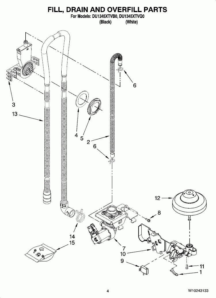 FILL, DRAIN AND OVERFILL PARTS Diagram and Parts List for DU1345XTVB0  Whirlpool Dishwasher
