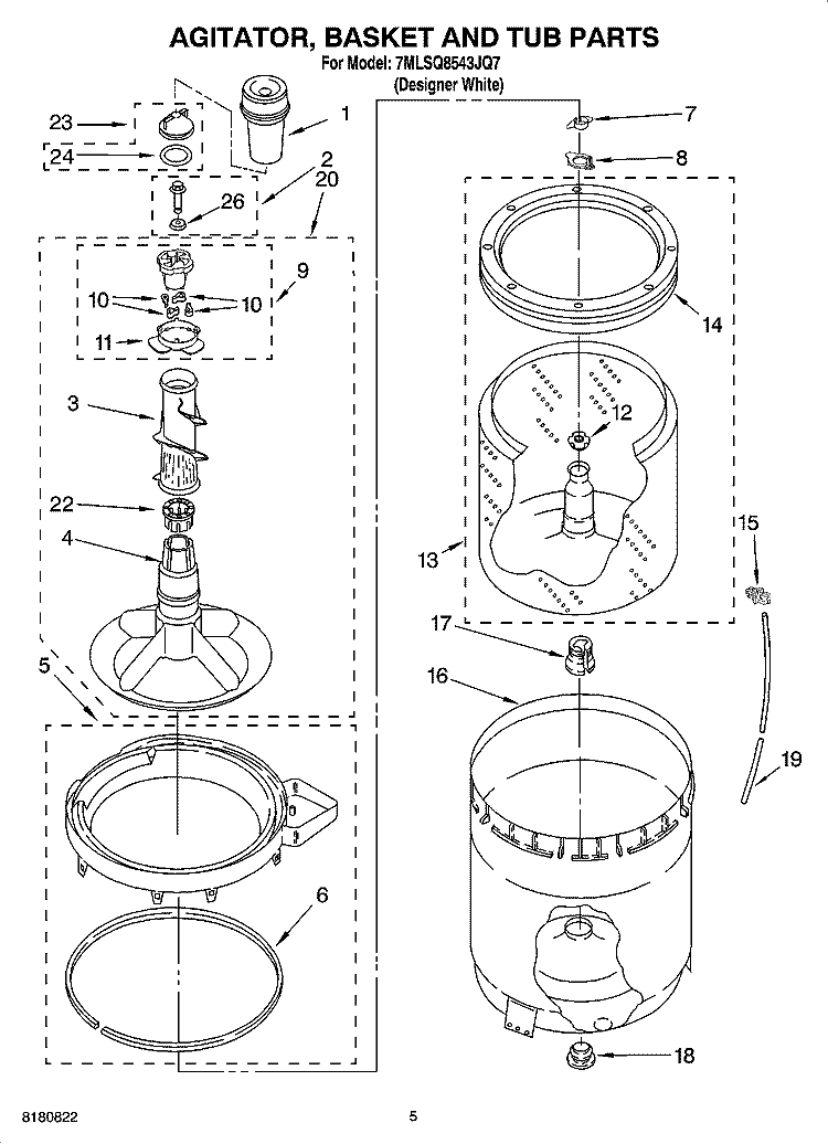 AGITATOR, BASKET AND TUB PARTS Diagram and Parts List for 7MLSQ8543JQ7  Whirlpool Washer