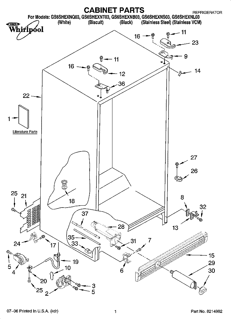 CABINET PARTS Diagram and Parts List for GS6SHEXNT03  Whirlpool Refrigerator