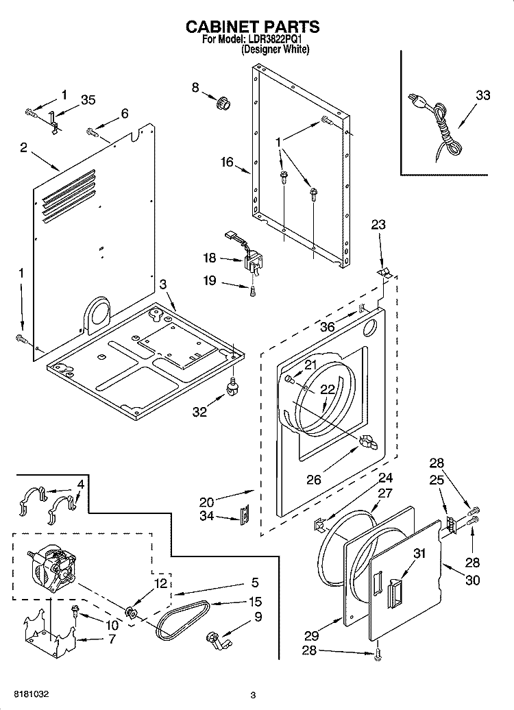 CABINET PARTS Diagram and Parts List for LDR3822PQ1  Whirlpool Dryer