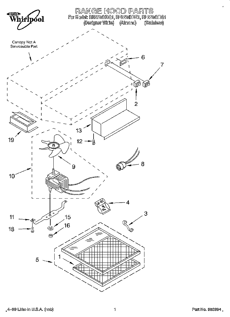 SECTION Diagram and Parts List for RH2724XDS1  Whirlpool Range Hood