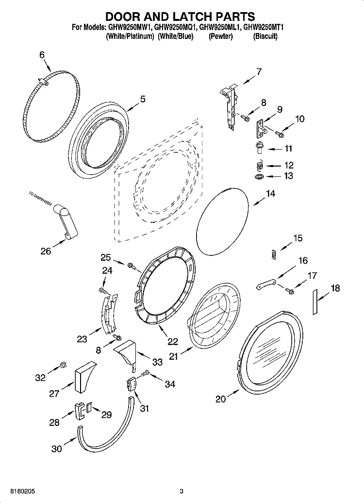 DOOR AND LATCH PARTS Diagram and Parts List for GHW9250ML1  Whirlpool Washer