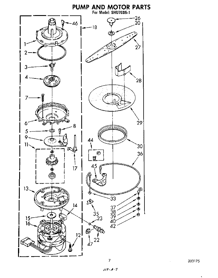 PUMP AND MOTOR Diagram and Parts List for SHU70051  Whirlpool Dishwasher