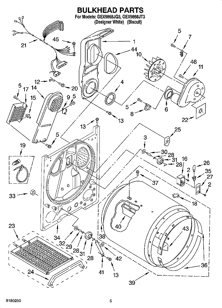 BULKHEAD PARTS Diagram and Parts List for GEX9868JQ3  Whirlpool Dryer
