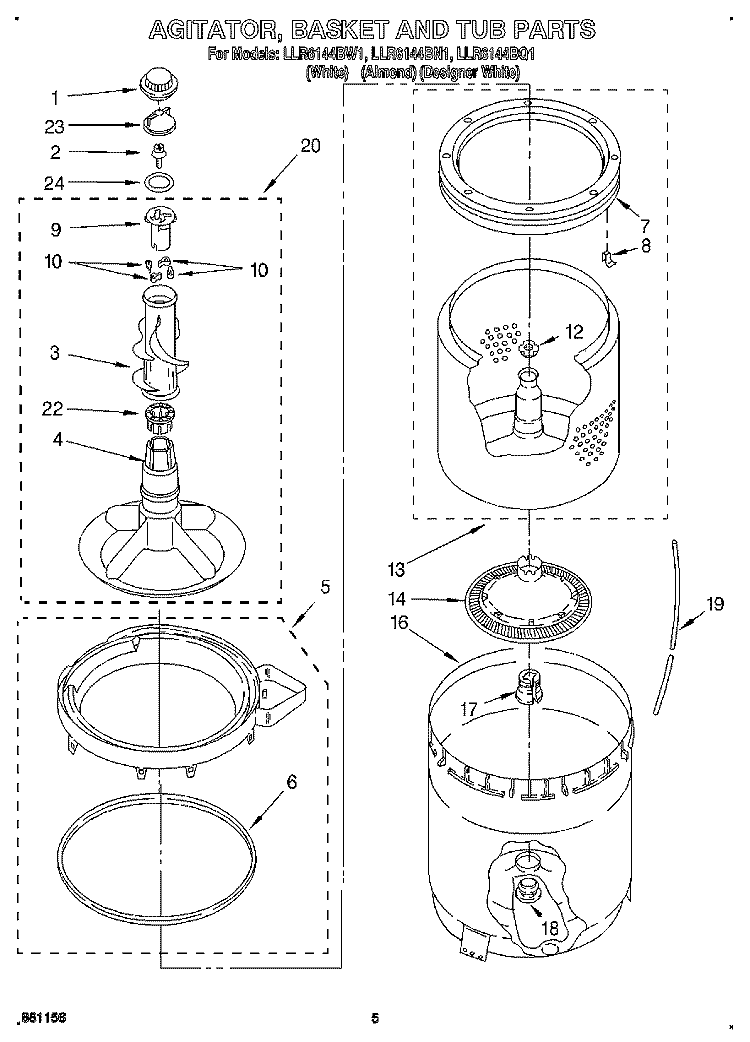 AGITATOR, BASKET AND TUB Diagram and Parts List for LLR6144BW1  Whirlpool Washer