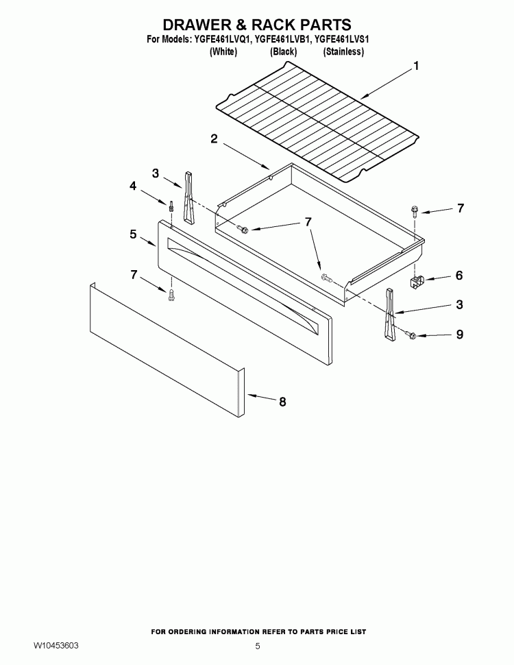 DRAWER & RACK PARTS Diagram and Parts List for YGFE461LVQ1  Whirlpool Range