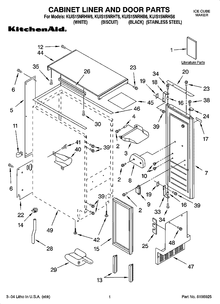 CABINET LINER AND DOOR PARTS Diagram and Parts List for KUIS15NRHW6  KitchenAid Ice Maker