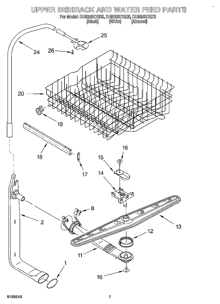 UPPER DISHRACK AND WATER FEED Diagram and Parts List for DU925SCGQ3  Whirlpool Dishwasher