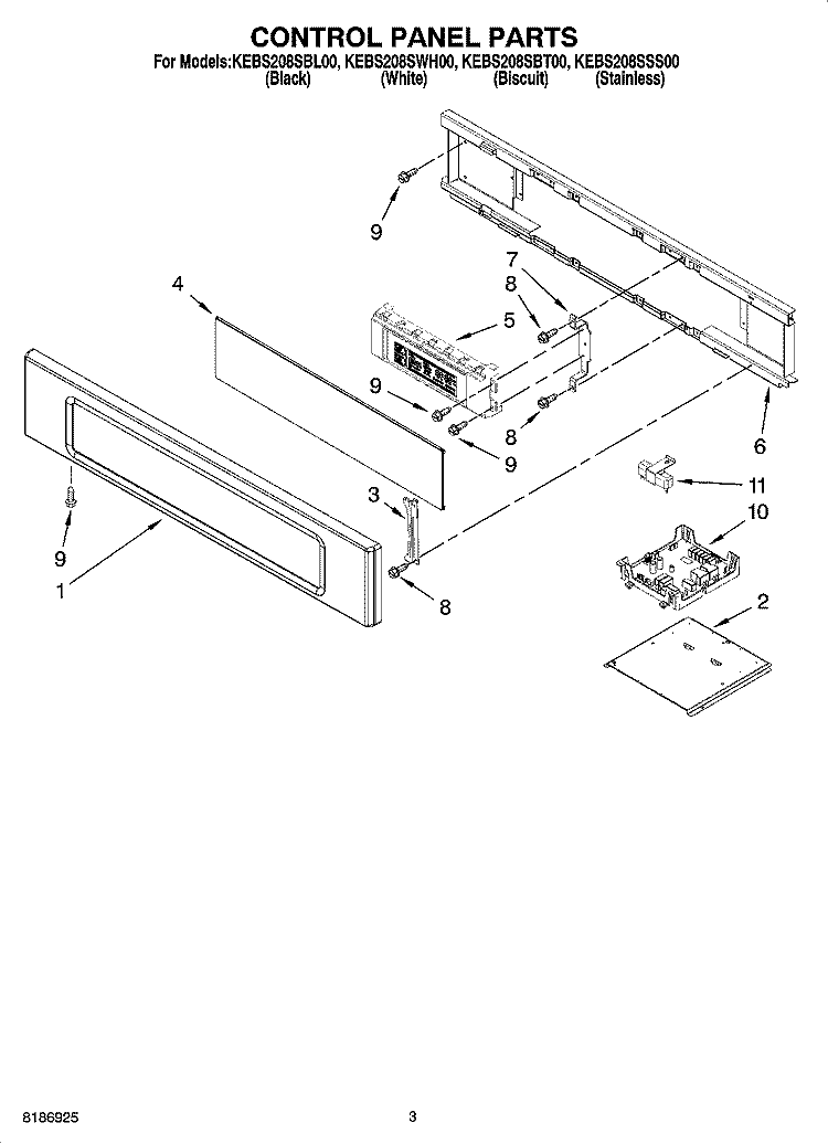 CONTROL PANEL PARTS Diagram and Parts List for KEBS208SBT00  KitchenAid Wall Oven