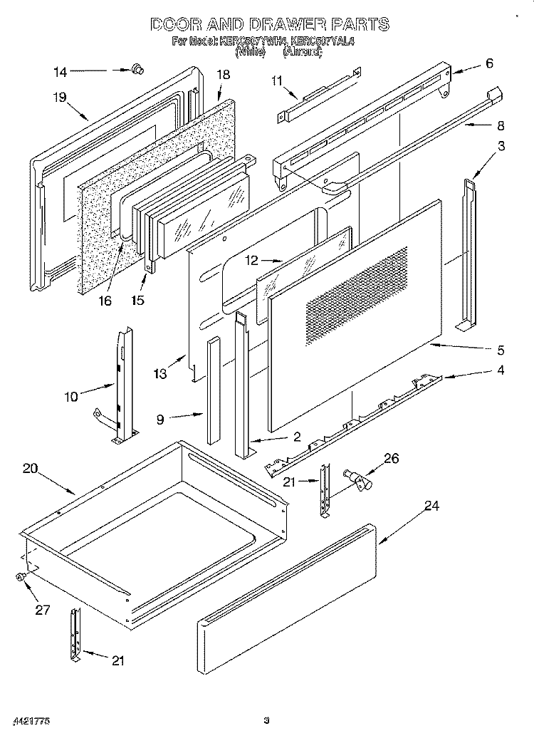 DOOR AND DRAWER Diagram and Parts List for KERC507YAL4  KitchenAid Range