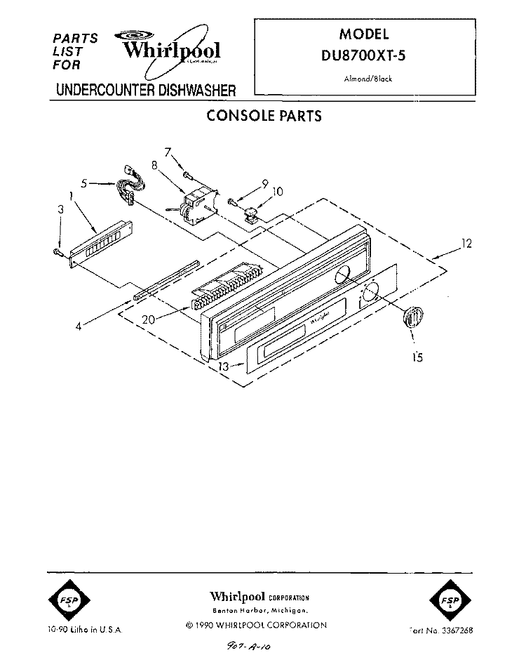 CONSOLE Diagram and Parts List for DU8700XT5  Whirlpool Dishwasher