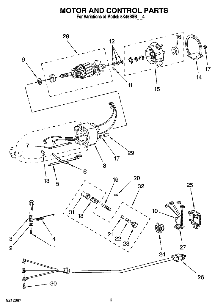 MOTOR AND CONTROL PARTS, OPTIONAL PARTS Diagram and Parts List for 5K45SSBWH4  KitchenAid Mixer