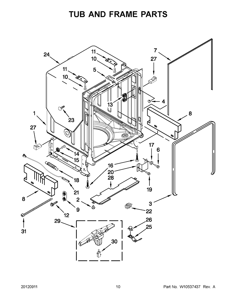 TUB AND FRAME PARTS Diagram and Parts List for KUDS30FBSS0  KitchenAid Dishwasher