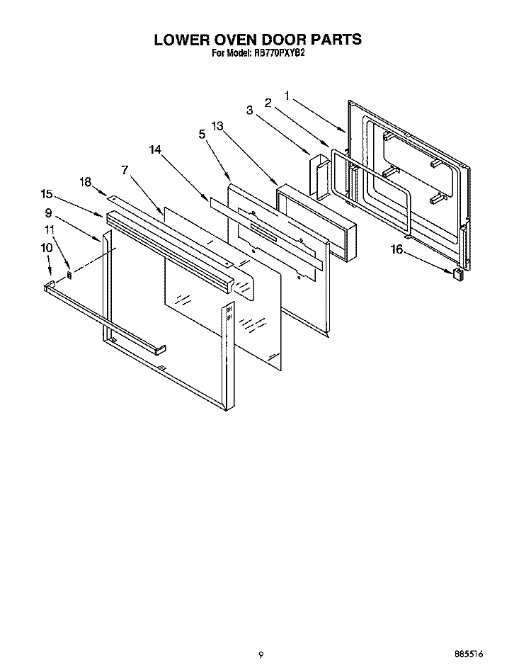 LOWER OVEN DOOR Diagram and Parts List for RB770PXYQ2  Whirlpool Wall Oven