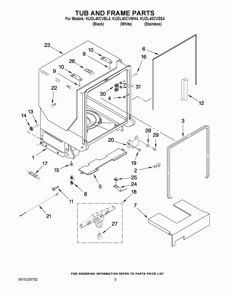 TUB AND FRAME PARTS Diagram and Parts List for KUDL40CVBL4  KitchenAid Dishwasher