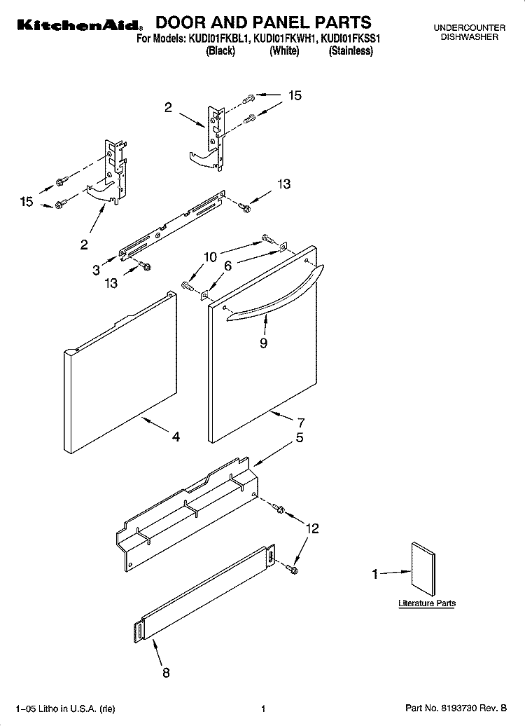 DOOR AND PANEL PARTS Diagram and Parts List for KUDI01FKWH1  KitchenAid Dishwasher