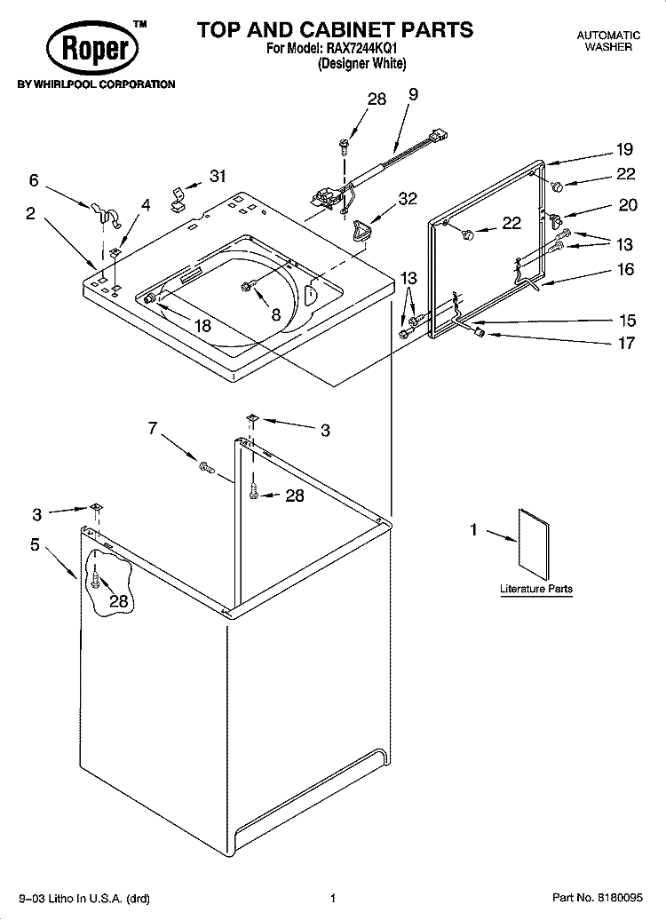 TOP AND CABINET PARTS Diagram and Parts List for RAX7244KQ1  Roper Washer