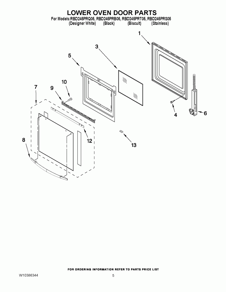 LOWER OVEN DOOR PARTS Diagram and Parts List for RBD245PRQ05  Whirlpool Wall Oven