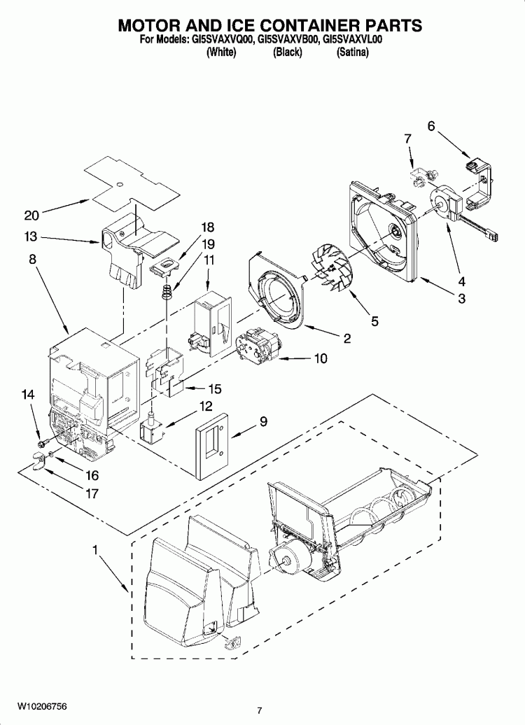 MOTOR AND ICE CONTAINER PARTS Diagram and Parts List for GI5SVAXVL00  Whirlpool Refrigerator