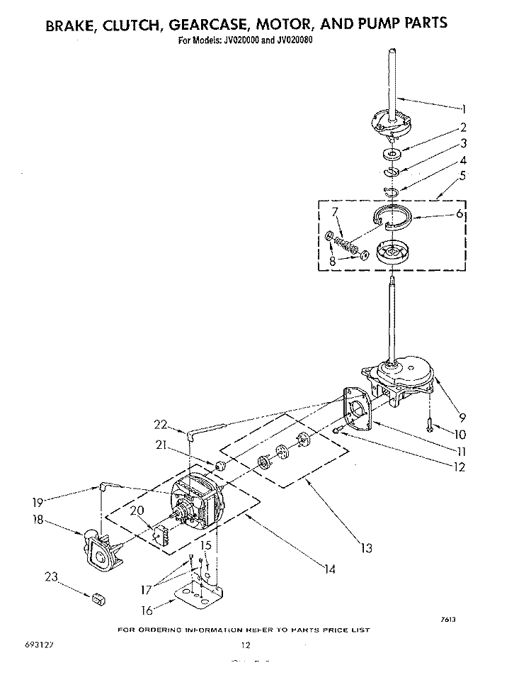 BRAKE, CLUTCH, GEARCASE, MOTOR AND PUMP Diagram and Parts List for JV020000  Whirlpool Washer Dryer Combo