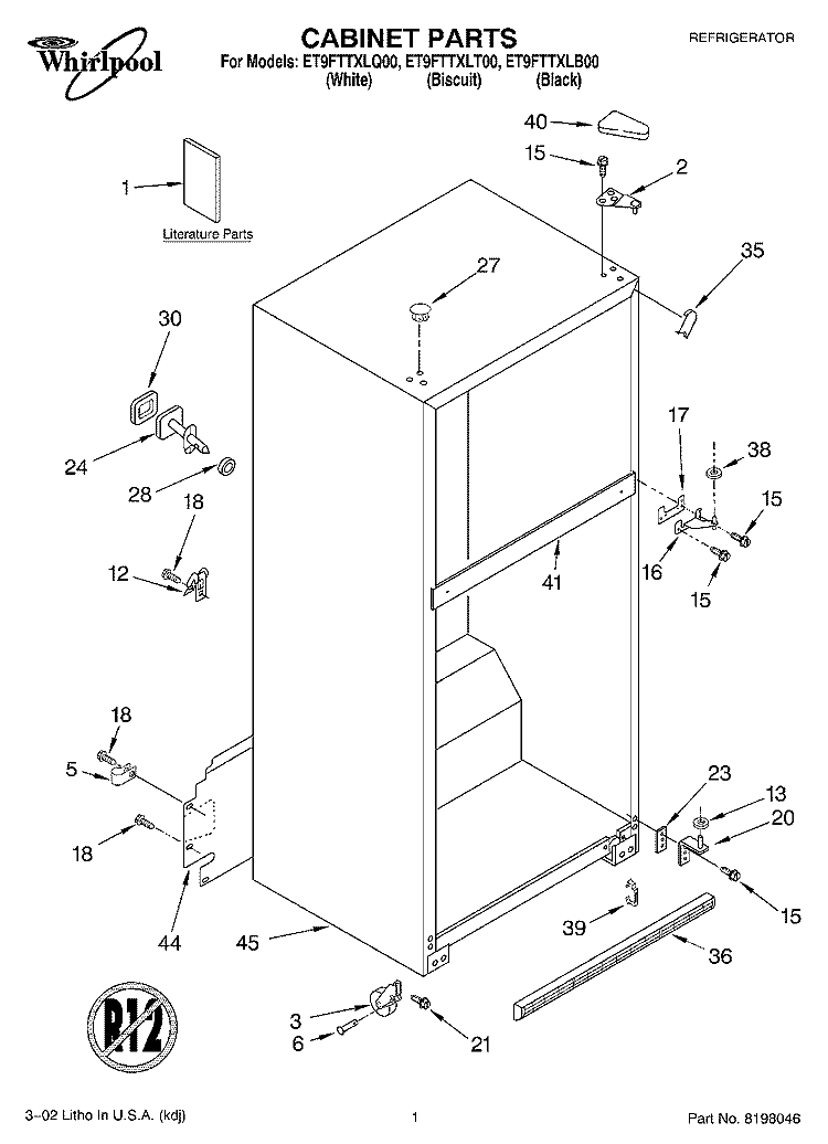 CABINET, LITERATURE Diagram and Parts List for ET9FTTXLB00  Whirlpool Refrigerator