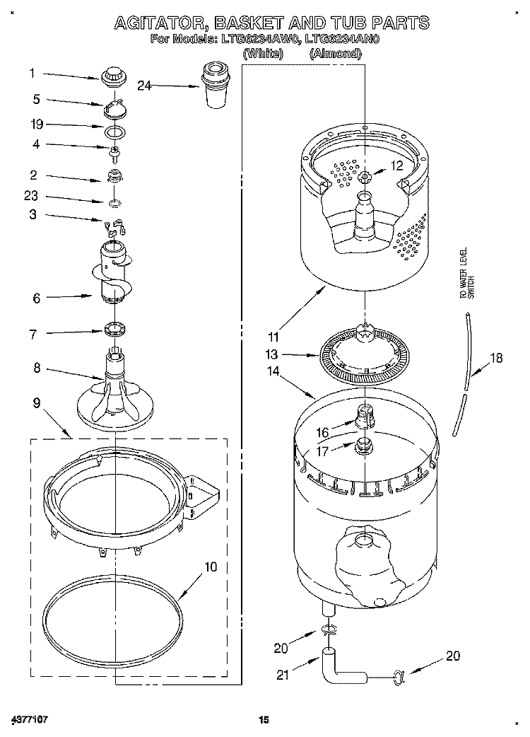 AGITATOR, BASKET AND TUB Diagram and Parts List for LTG6234AN0  Whirlpool Washer Dryer Combo