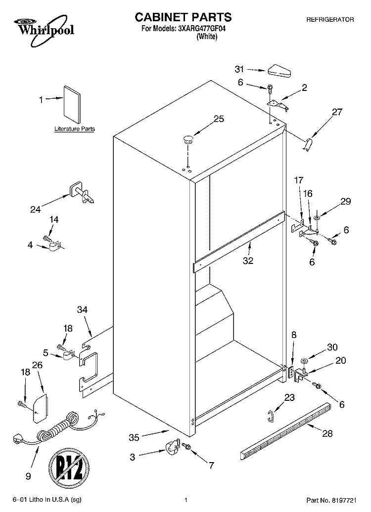 CABINET, LITERATURE Diagram and Parts List for 3XARG477GF04  Whirlpool Refrigerator