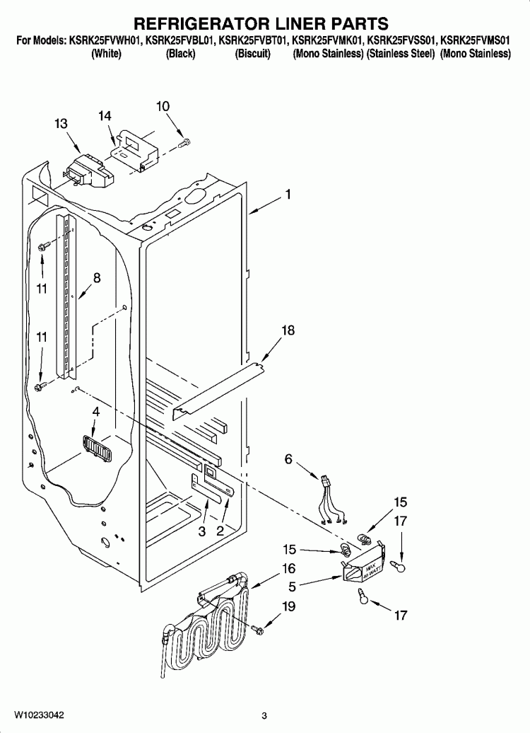 REFRIGERATOR LINER PARTS Diagram and Parts List for KSRK25FVMS01  KitchenAid Refrigerator