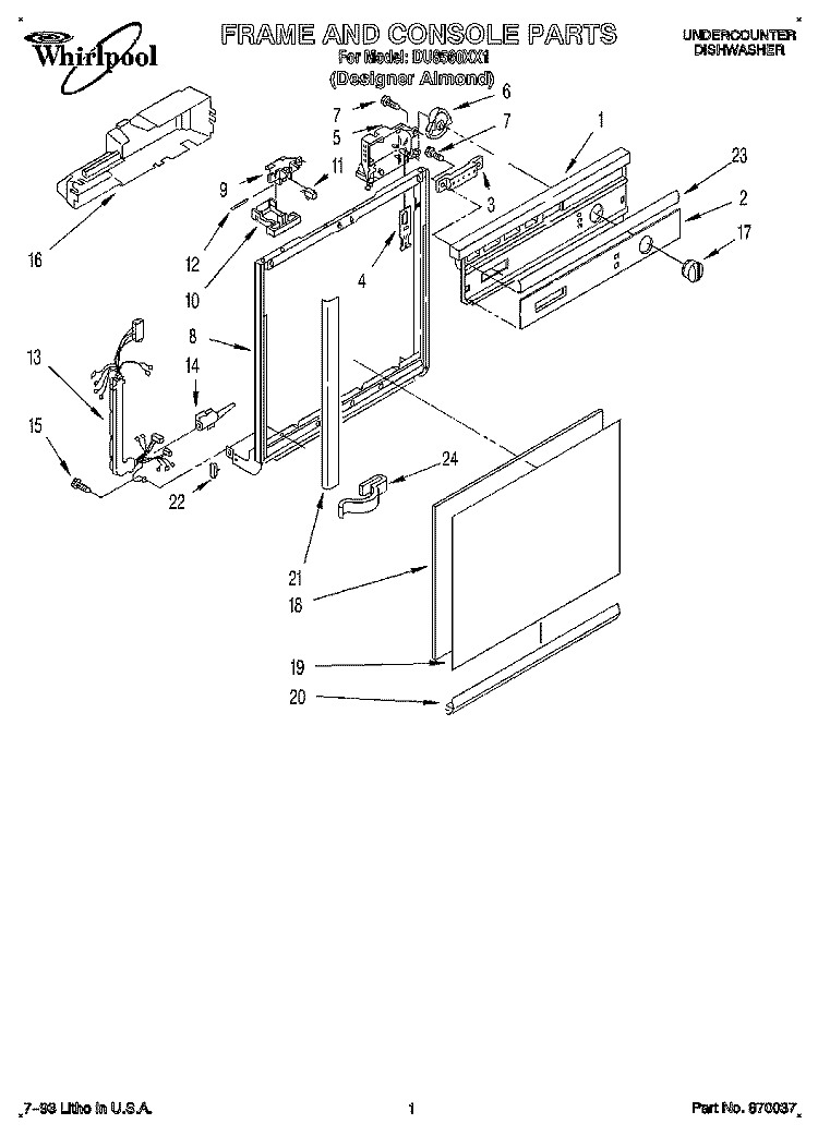 FRAME AND CONSOLE Diagram and Parts List for DU8560XX1  Whirlpool Dishwasher