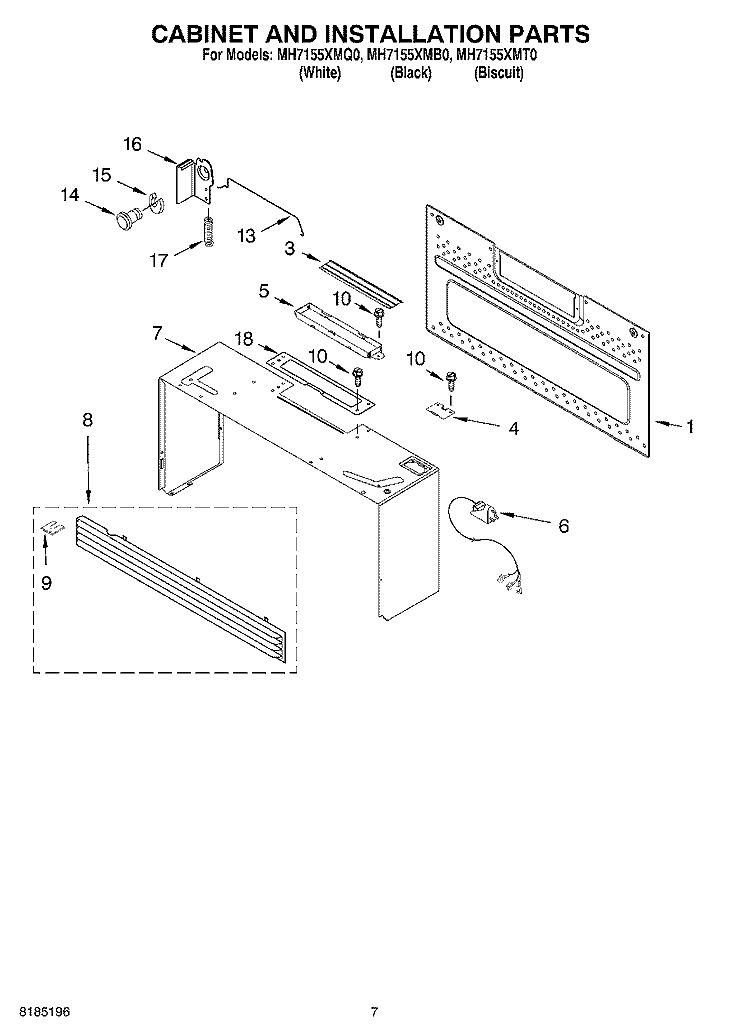 CABINET AND INSTALLATION PARTS Diagram and Parts List for MH7155XMQ0  Whirlpool Microwave